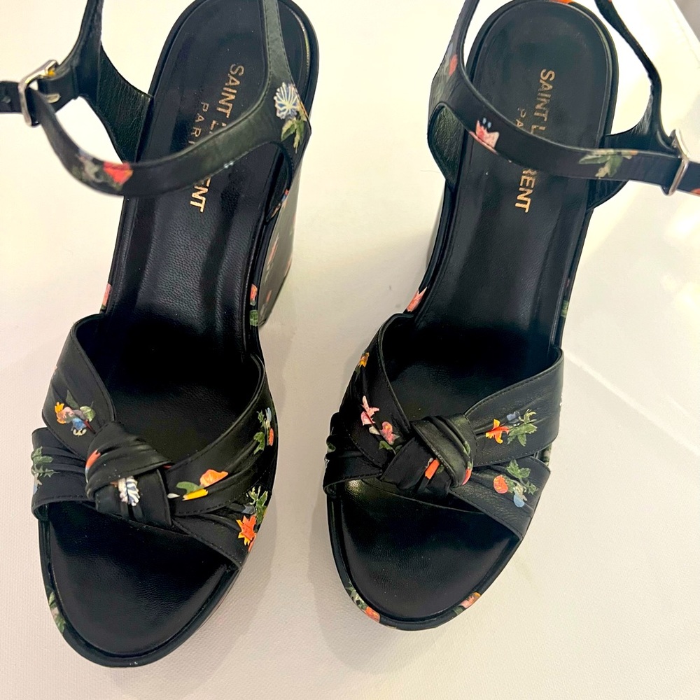 Saint Laurent Black, Pattern Print Leather Floral Sandals IT 37.5 | 7.5